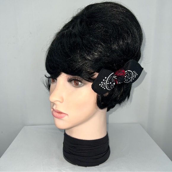 Black and Red Rose Paisley Rockabilly Bandana Knotted Hair Bow - Picture 6 of 11